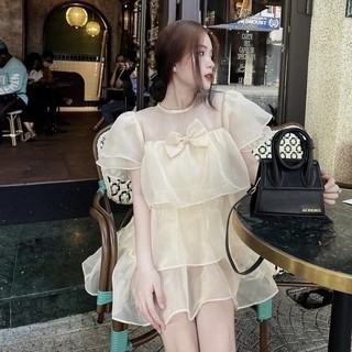 Váy babydoll dáng dài, nhiều tầng đính nơ 2 lớp công chúa, đầm voan tiểu thư dáng xòe đi chơi dự tiệc hàn quốc, EYE2
