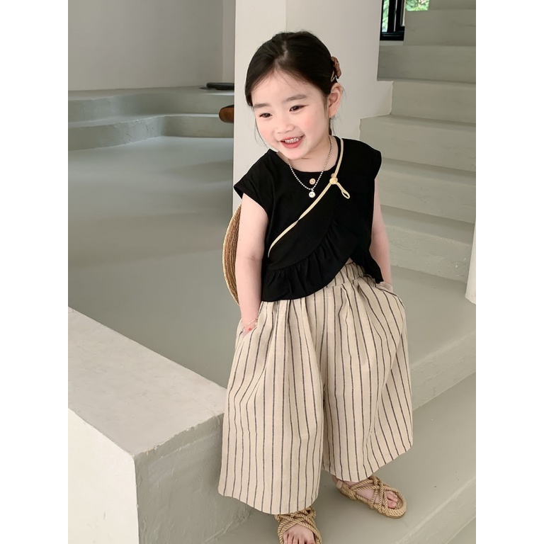 Set Đồ Thể Thao 50% Áo Thun Tay Ngắn Cổ Lá Sen Kẻ Sọc Dọc Phong Cách Hàn Quốc Thời Trang Mùa Hè Cho Bé Gái