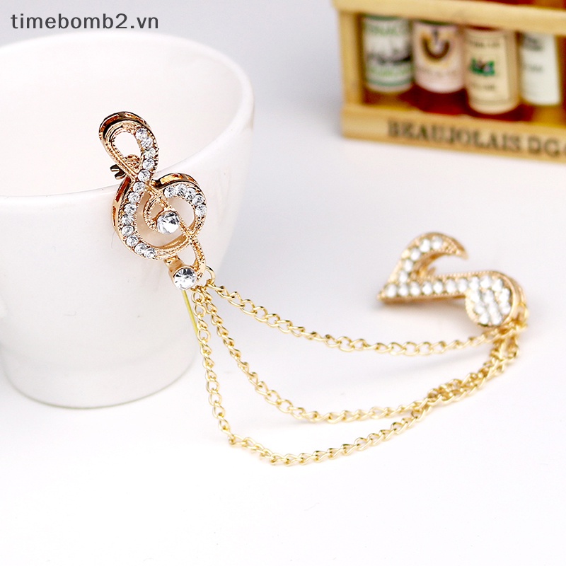 {Timebomb} Ghim Cài Áo Dây Xích Pha Lê Hình Nốt Nhạc Phối Tua Rua Unisex