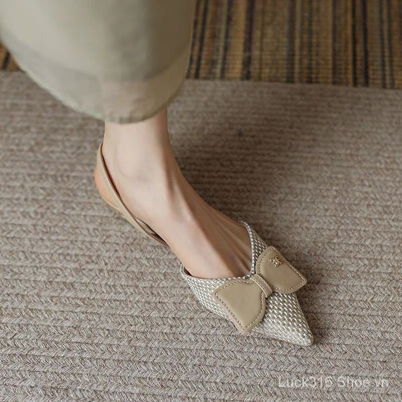Giày Sandal Đế Thấp Mũi Nhọn Đính Nơ Dễ Thương Thời Trang Xuân Hè Cho Bạn Gái