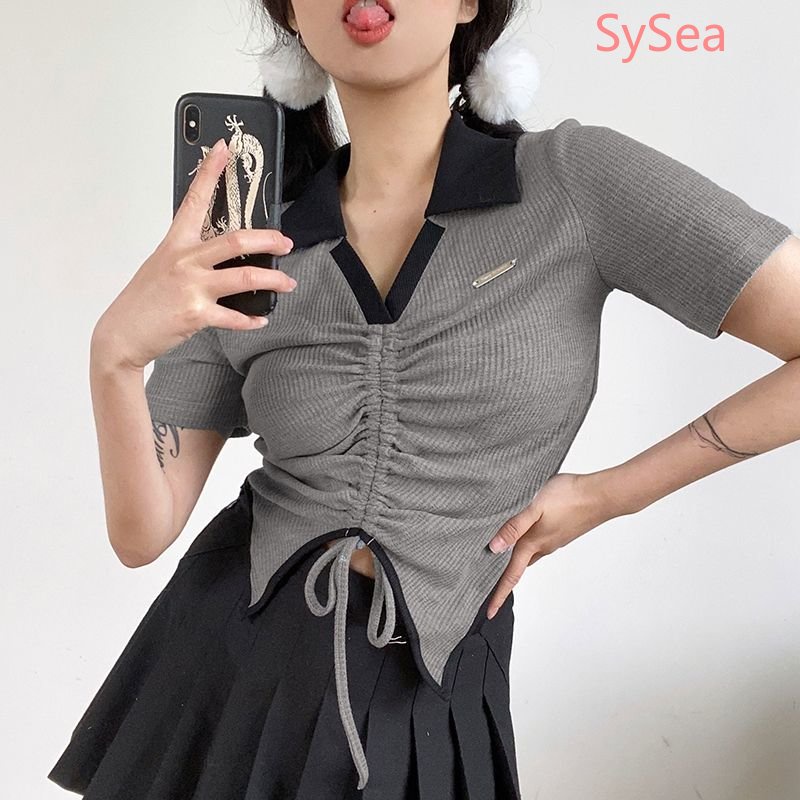 Phụ nữ Mỹ Cổ điển Không thường xuyên Cổ V Dây rút Áo sơ mi xếp ly