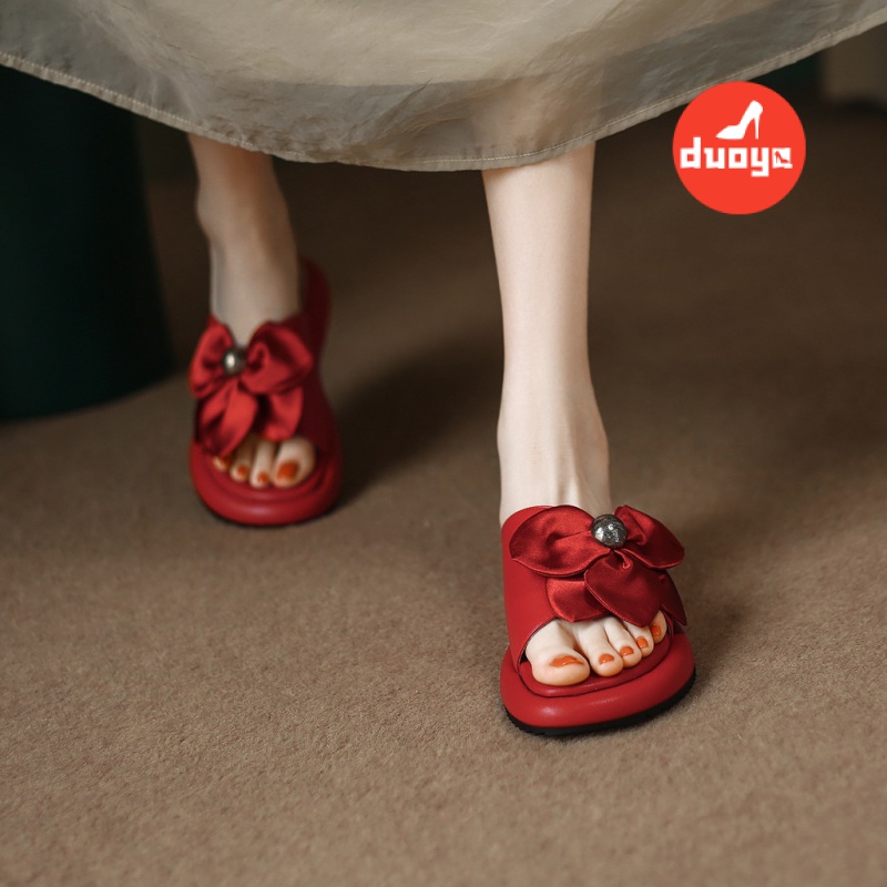 Duoya Dép Sandal Đế Dày Hở Ngón Quai Ngang Đính Hoa Kiểu Pháp Dễ Phối Đồ Thời Trang Cho Nữ