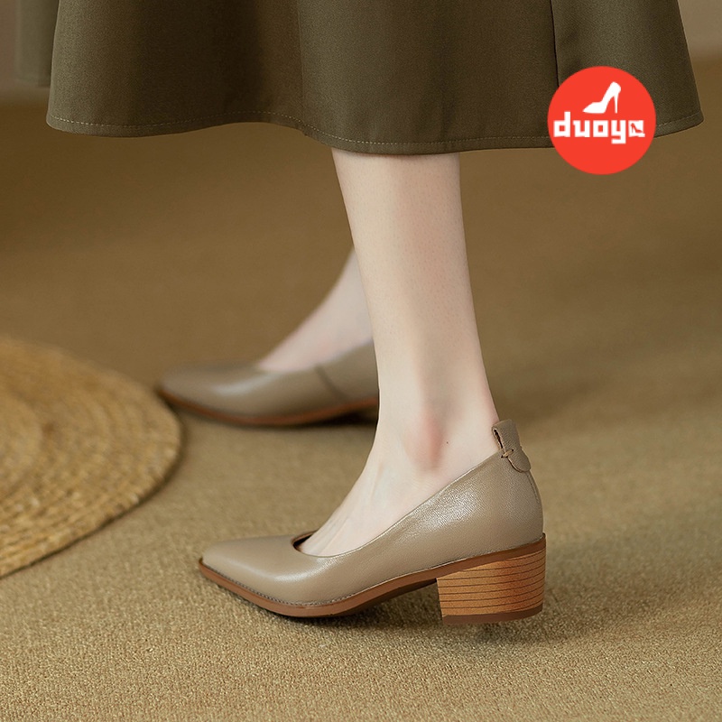 Duoya Giày Cao Gót Mũi Nhọn Miệng Nông Bằng Da Mềm Dày Dặn Dễ Phối Đồ Thời Trang Mùa Xuân Cho Nữ