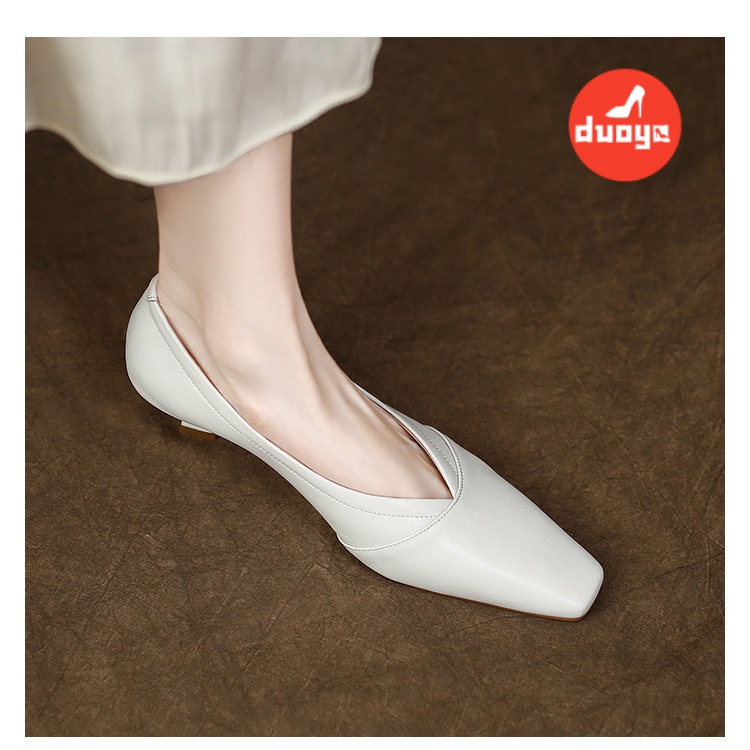 Duoya Tóc Thẳng ~ [Hàng Có Sẵn] Giày Cao Gót Mũi Vuông Nhỏ Bằng Da Thật Mềm Mại Dễ Phối Đồ Cho Nữ