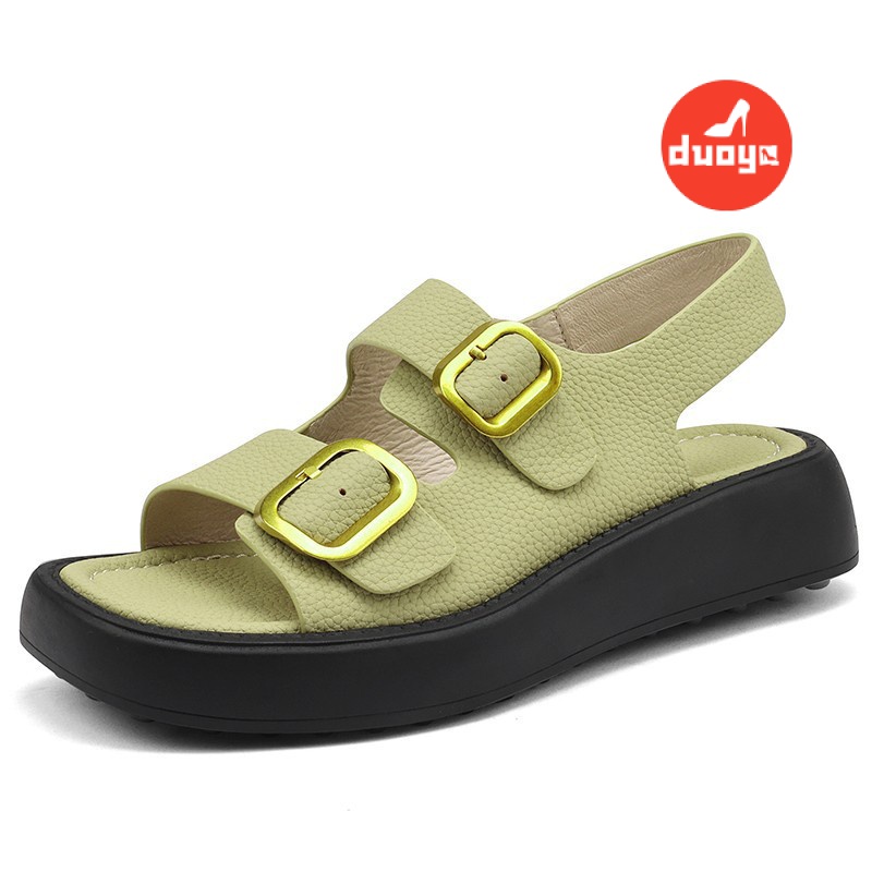 Duoya Tóc Thẳng ~ [Hàng Có Sẵn] Giày Sandal Da Thật Đế Xuồng Mềm Phẳng Có Khóa Cài Phong Cách bao Đơn Giản Đi Biển Miễn Phí Vận Chuyển
