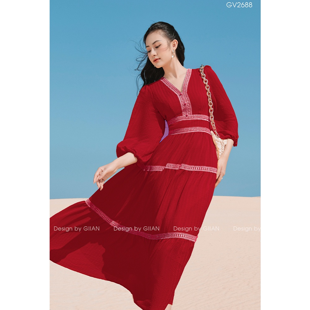Váy maxi đi biển dáng dài phối viền ren thiết kế cổ V vải xốp gân cao cấp Giian - VA0222