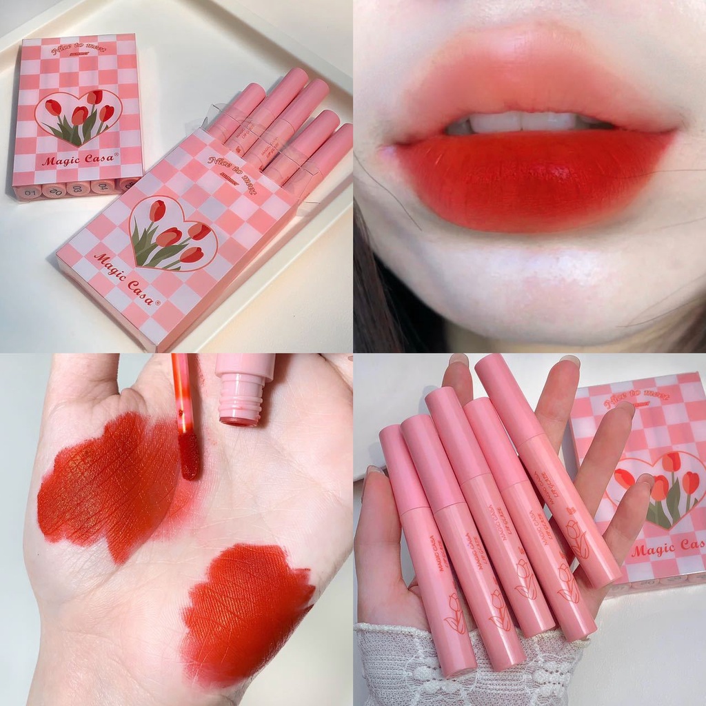 Bộ Son Kem Lì Kháng Nước Lâu Trôi Và Lên Màu Đẹp Set 5 Son Môi AGIC CASA Chống Thấm Nước Cao Cấp