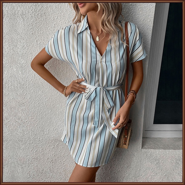 Đầm Sơ Mi Kẻ Sọc Cổ Bẻ Chất Liệu Polyester 100% Thời Trang Mùa Hè Phong Cách Âu Mỹ Cho Nữ 2023