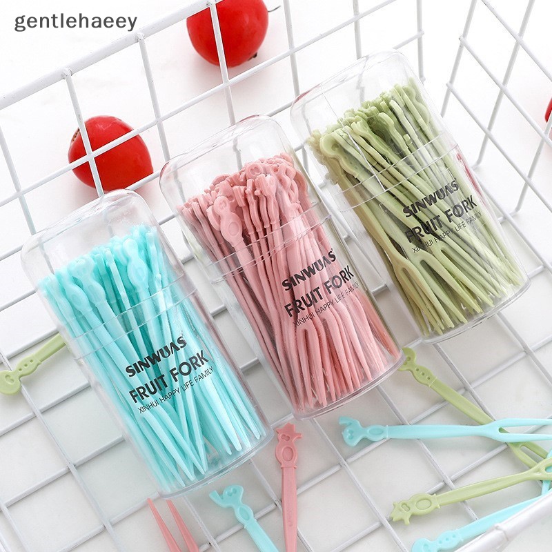 Set 50 Nĩa Ăn Trái Cây / Tráng Miệng Bằng Nhựa Họa Tiết Hoạt Hình Dành Cho Trẻ Em