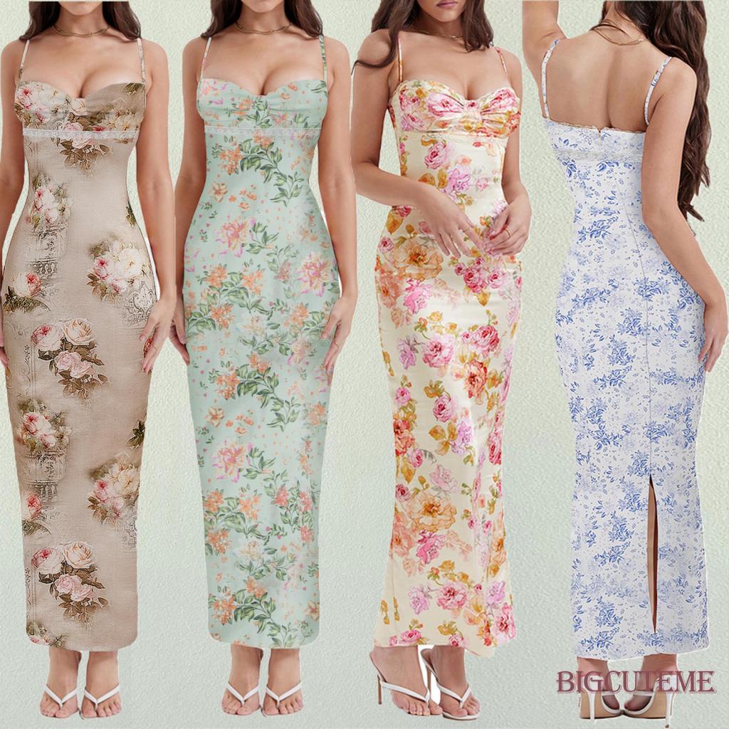 Đầm Hai Dây Dáng Dài Họa Tiết Hoa Hở Lưng Thời Trang Mùa Hè Cho Nữ