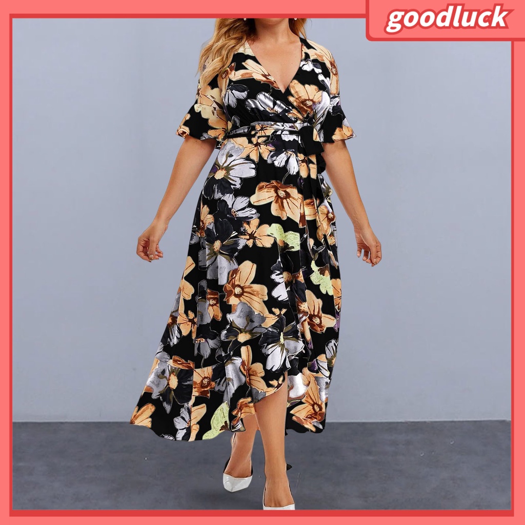 Đầm Tay Ngắn Cổ Chữ V Lưng Cao Cột Dây In Họa Tiết Hoa Phong Cách Bohemia Thời Trang Mùa Hè Cho Nữ