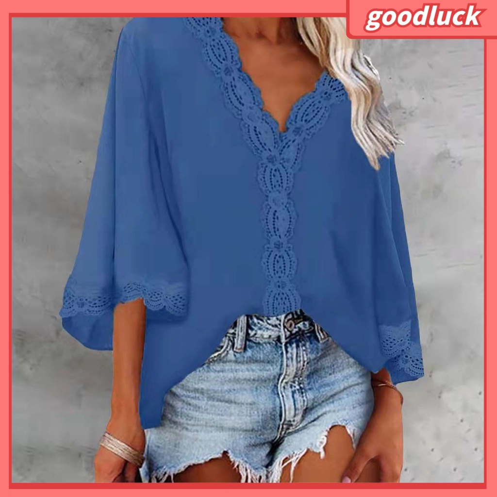 Áo Sơ Mi Tay Loe 3 / 4 Cổ Chữ V Màu Sắc Thời Trang Dành Cho Nữ