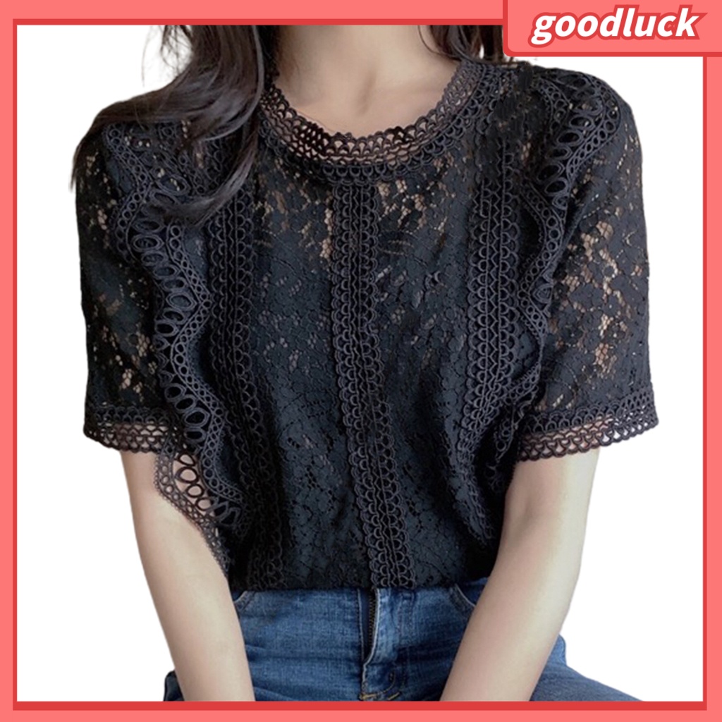 Áo Sơ Mi Tay Ngắn Cổ Tròn Dáng Rộng Phối Ren Thanh Lịch Thời Trang Mùa Hè