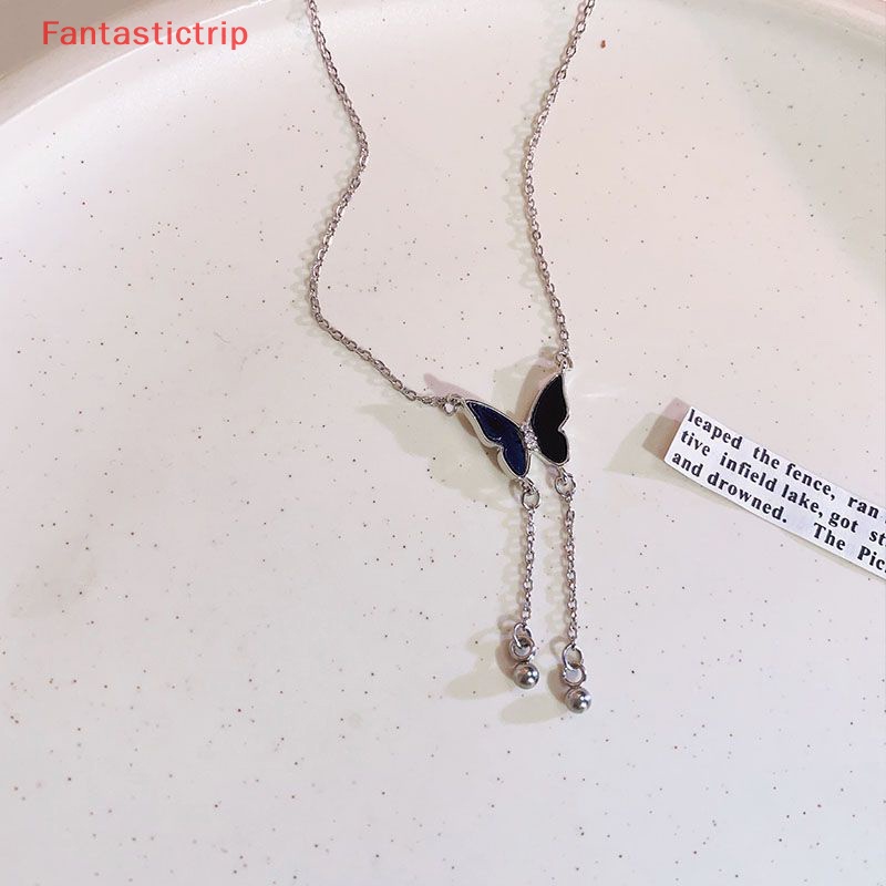 [Fantastictrip] Vòng cổ Nhiều Lớp Mặt Hình Bướm Đen Tua Rua Phong Cách Retro Cá Tính Thời Trang Dành Cho Nữ