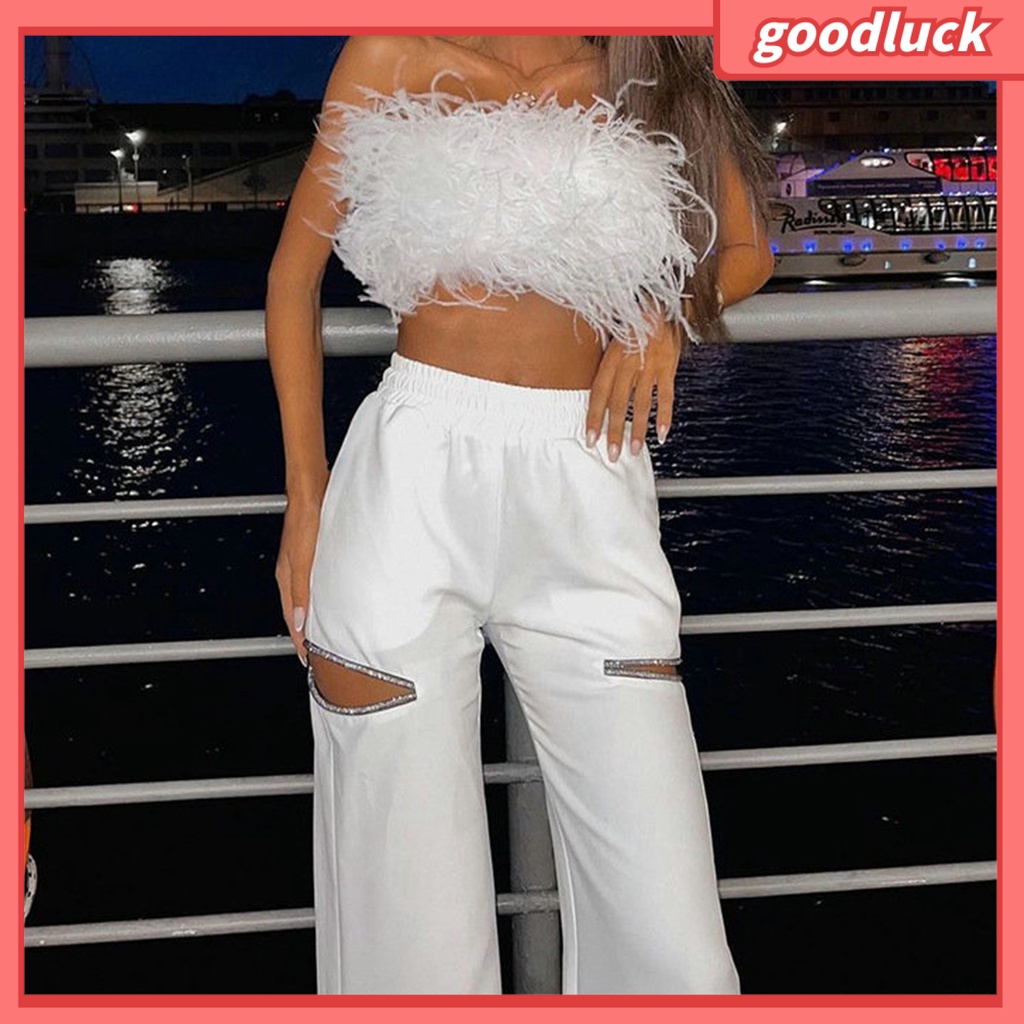 [ULK] Quần Dài Ống Loe Rách Lưng Thun Thấp Thời Trang Đường Phố Mùa Thu Cho Nữ