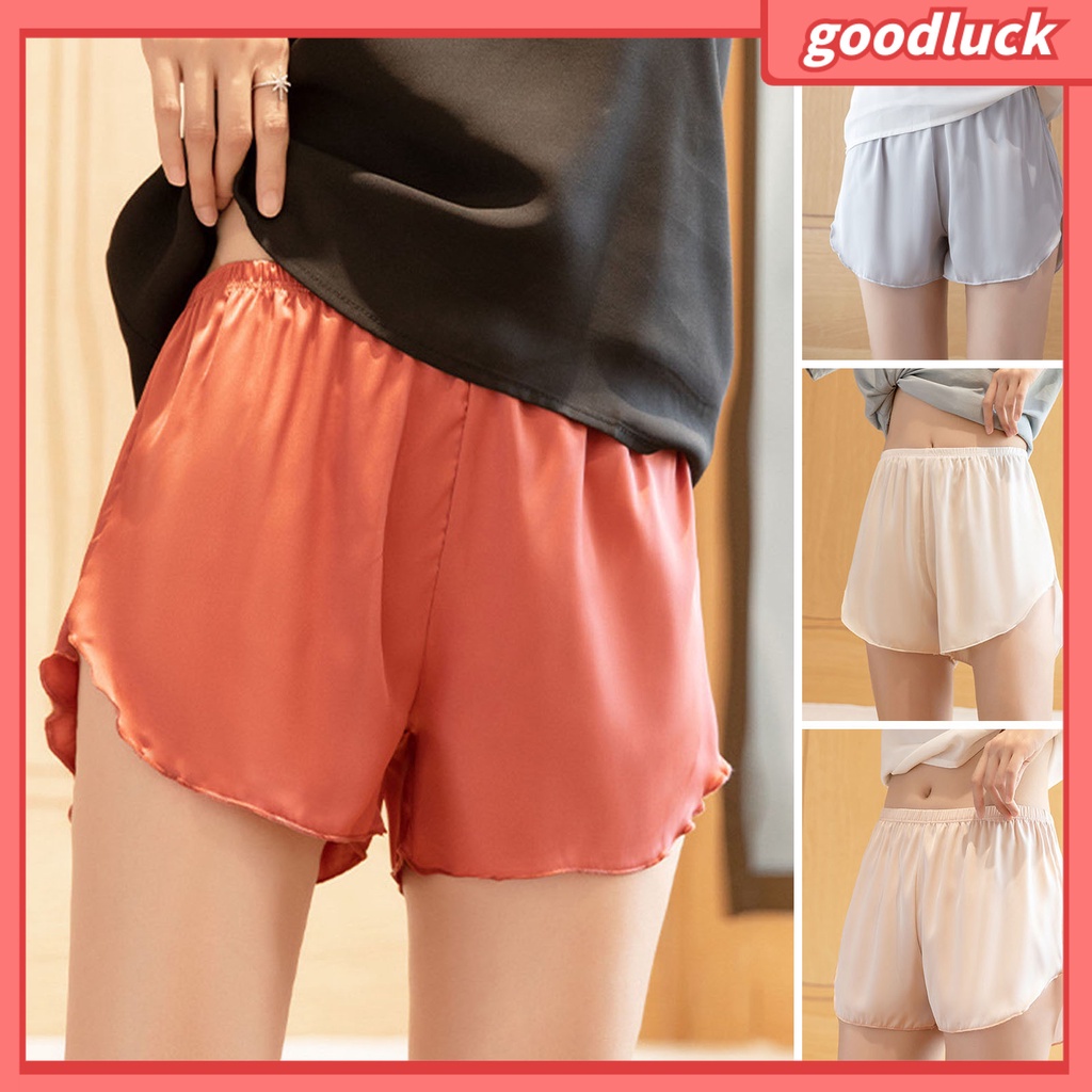 [ULK] Quần Short Lưng Cao Co Giãn Dáng Rộng Bằng Lụa Lạnh Mỏng Màu Trơn Dành Cho Bạn Nữ