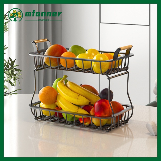 Rổ Đựng Trái Cây 2 Tầng Bằng Dây Kim Loại Có Tay Cầm Bằng Gỗ