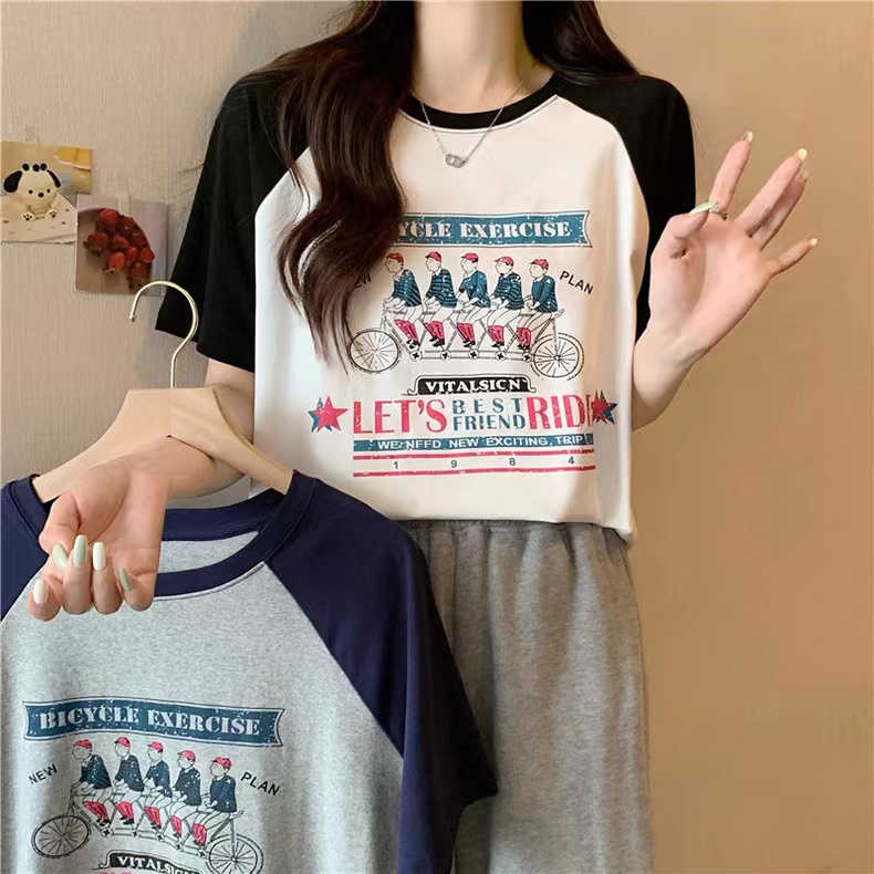 Áo Thun Ngắn Tay Cổ Tròn In Họa Tiết Tương Phản Thời Trang Mùa Hè Mới Cho Nữ