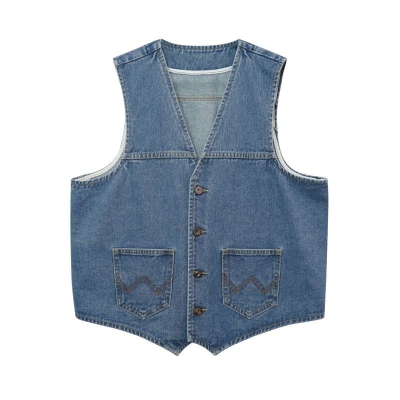 Áo Khoác Denim Sát Nách Cổ Chữ V Phong Cách Retro Cá Tính
