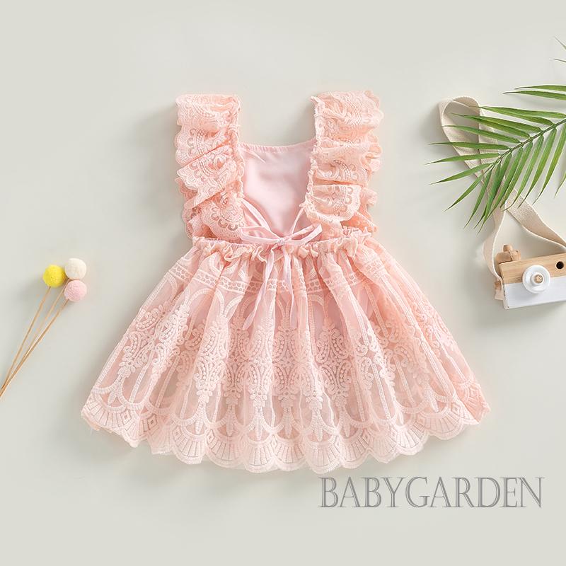 Đầm Liền Thân Tay Bèo Phối Ren Màu Trơn Thời Trang Mùa Hè Cho Bé Gái 0-24 Tháng Tuổi