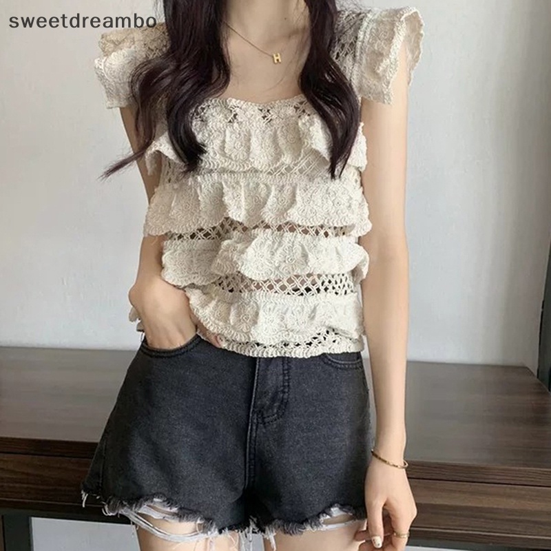 SWE Áo ba lỗ thêu dệt kim cho nữ áo yếm xếp nếp cổ vuông phong cách dân tộc mùa hè DRN