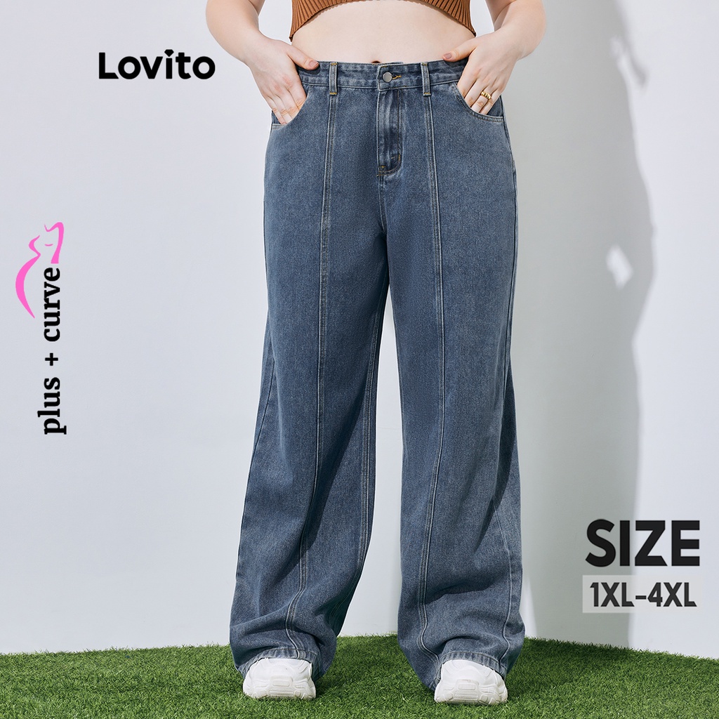 Quần jean LOVITO có túi nút cài khóa kéo màu trơn viền cong size lớn thường ngày cho nữ LPS08106 (màu xanh dương)