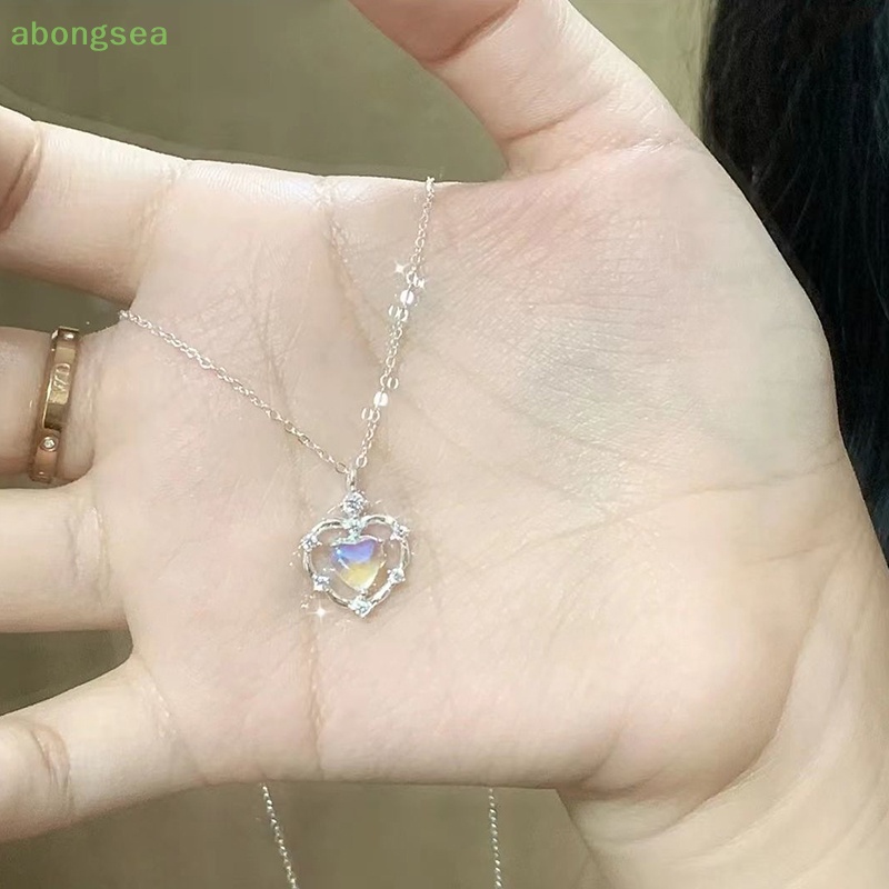 Abongsea Vòng cổ Mặt Trái Tim Đính Đá Mặt Trăng Thiết Kế Đơn Giản Thời Trang Cho Nữ