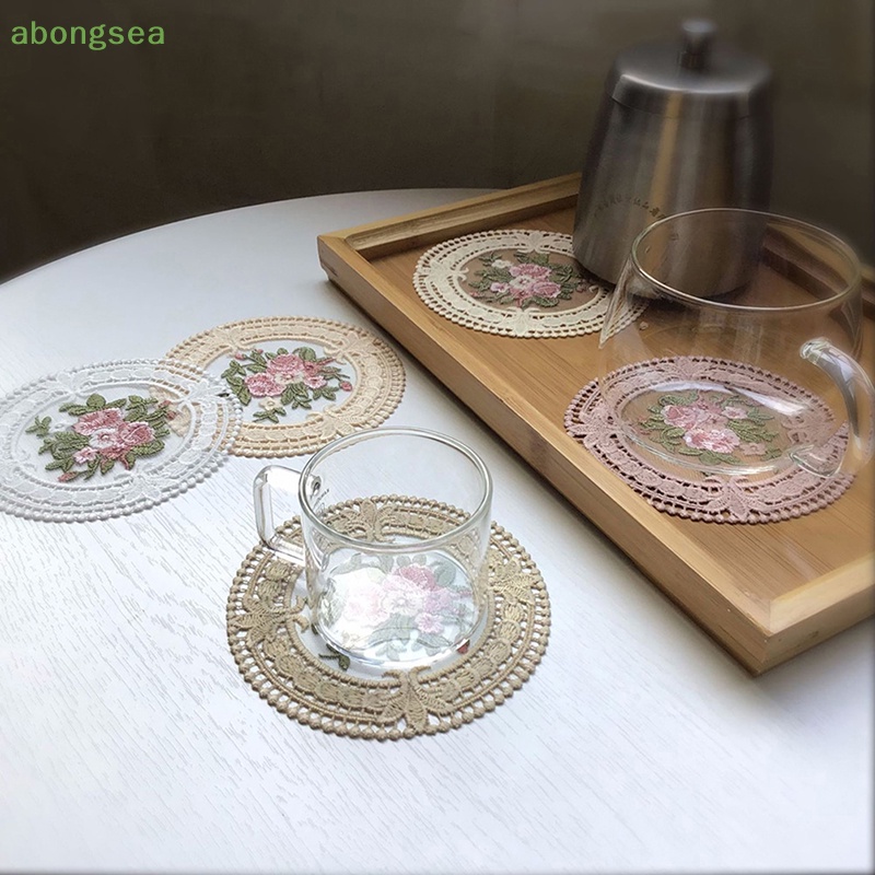 Abongsea Tấm Lót Cốc Cà Phê / Đĩa Họa Tiết Thêu Ren Kiểu Vintage Dễ Thương