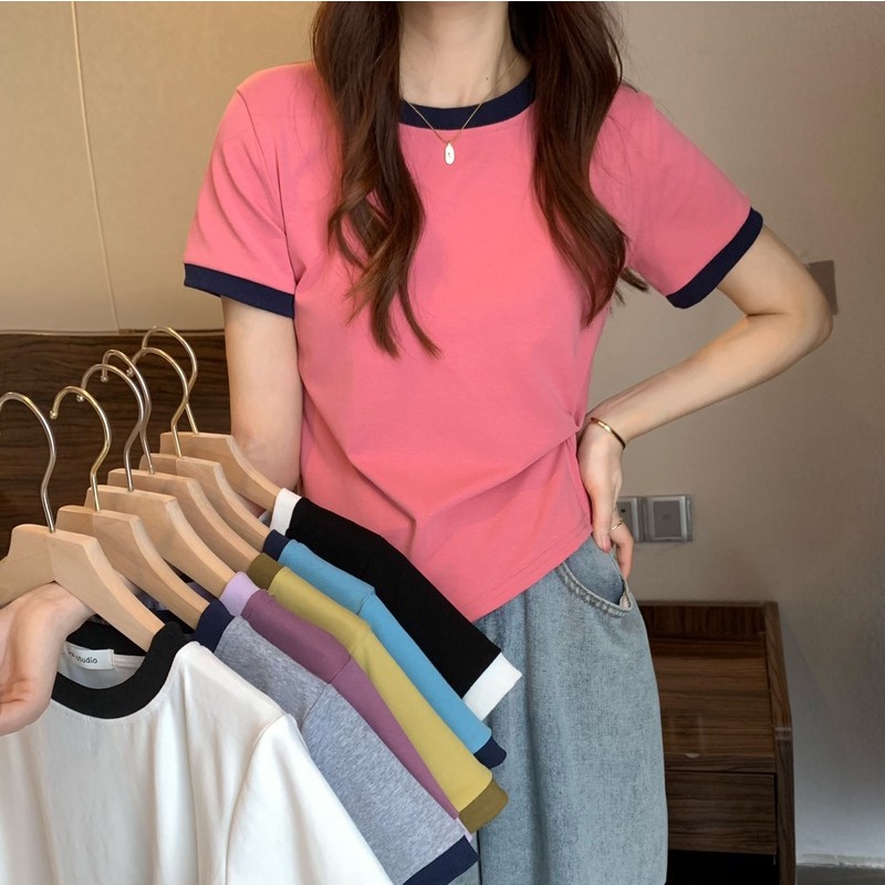 Áo thun croptop PEWARN tay ngắn phong cách Hàn Quốc thời trang mùa hè đơn giản cho nữ