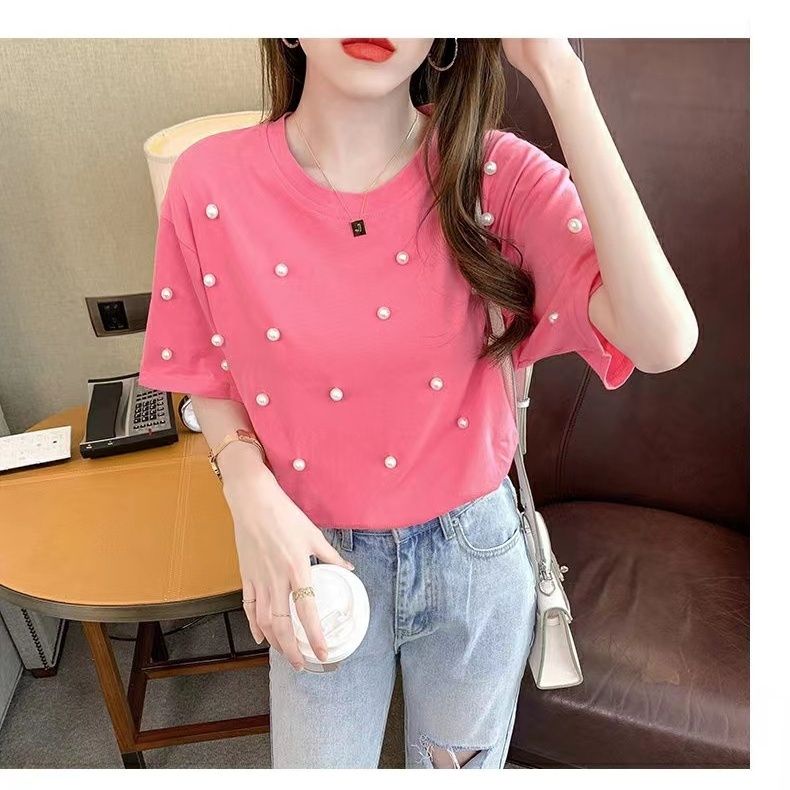 Áo Thun Tay Ngắn Dáng Rộng Đính Hạt Thời Trang Mùa Hè Sang Trọng Cho Nữ