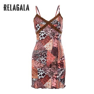RelaGala Nữ Mới Gợi Cảm Vintage Nối In Dây Lưng Đầm