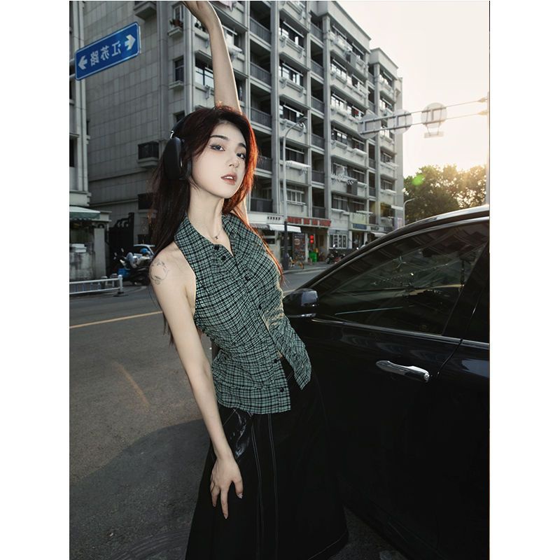 [F &amp; X] Áo Sơ Mi Không Tay Cổ Polo Ôm Dáng Họa Tiết Kẻ Sọc Phong Cách Retro Cá Tính Mùa Hè Dành Cho Nữ