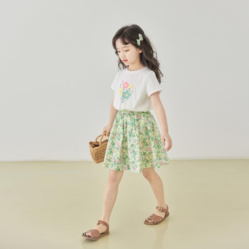 Bộ Áo Hoa Cổ Tròn Tay Ngắn + Chân Váy Hoa Dễ Thương Thời Trang Mùa Hè Cho Bé Gái