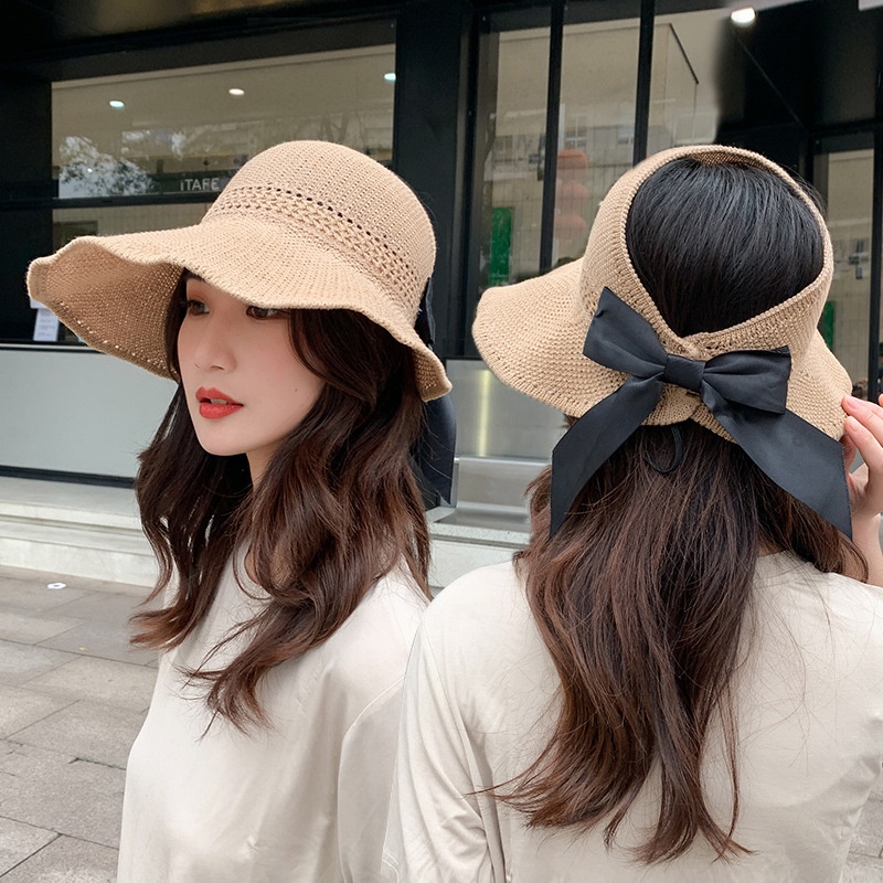 Mũ nón cói đi biển vành rộng chống nắng thắt nơ siêu xinh đội nửa đầu có thể gấp gọn rất tiện lợi cho nữ