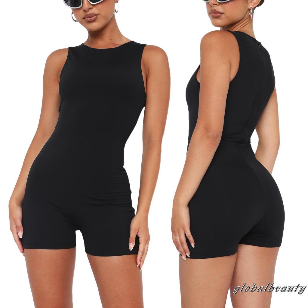 Áo Liền Quần Ngắn Không Tay Cổ Tròn Màu Sắc Đơn Giản Cho Nữ