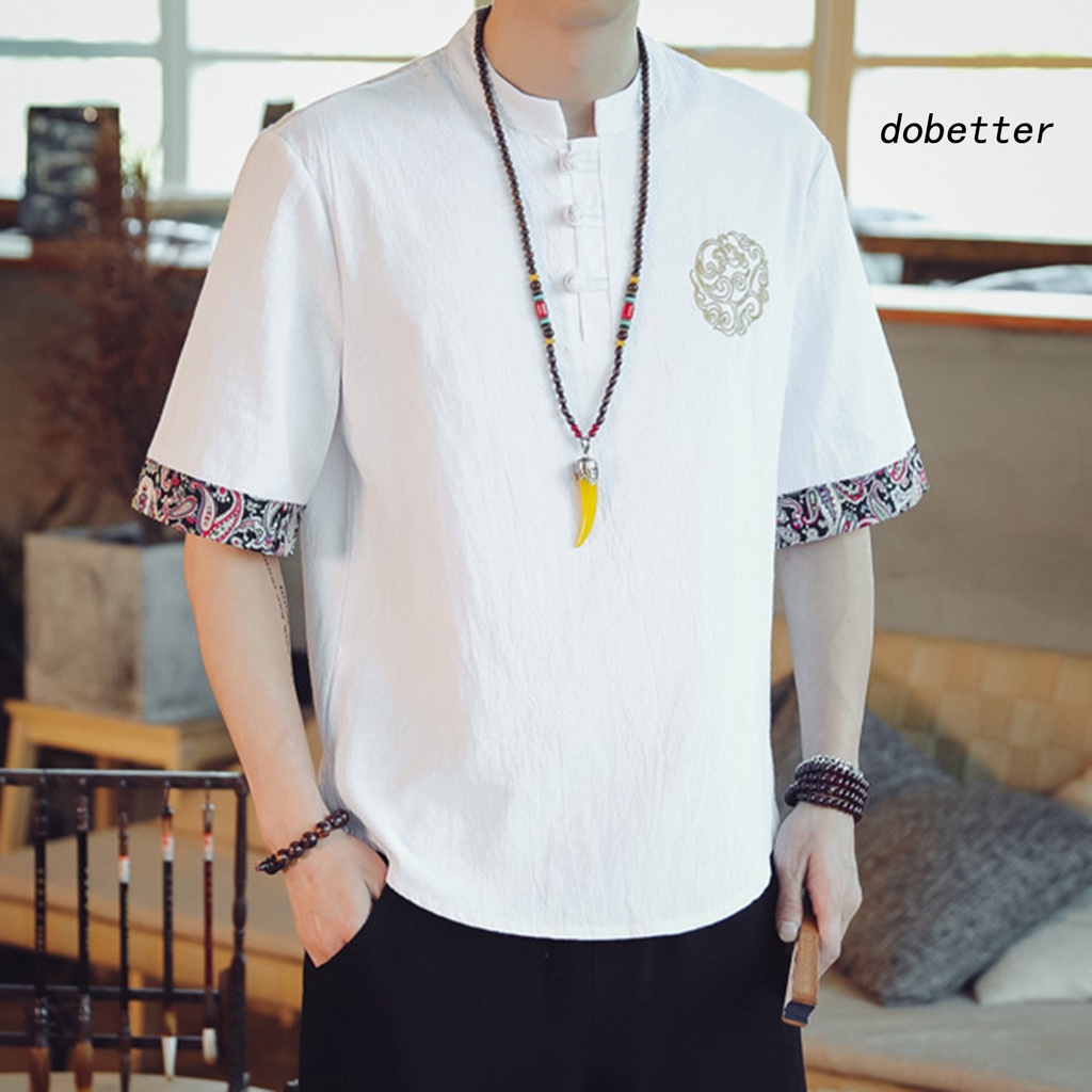 Áo Thun Cotton Lanh Ngắn Tay Cài Nút Họa Tiết Retro Thời Trang Mùa Hè Cho Nam