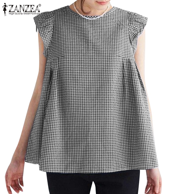 Áo tanktop ZANZEA không tay cổ tròn xếp ly họa tiết caro phong cách Hàn Quốc cho nữ