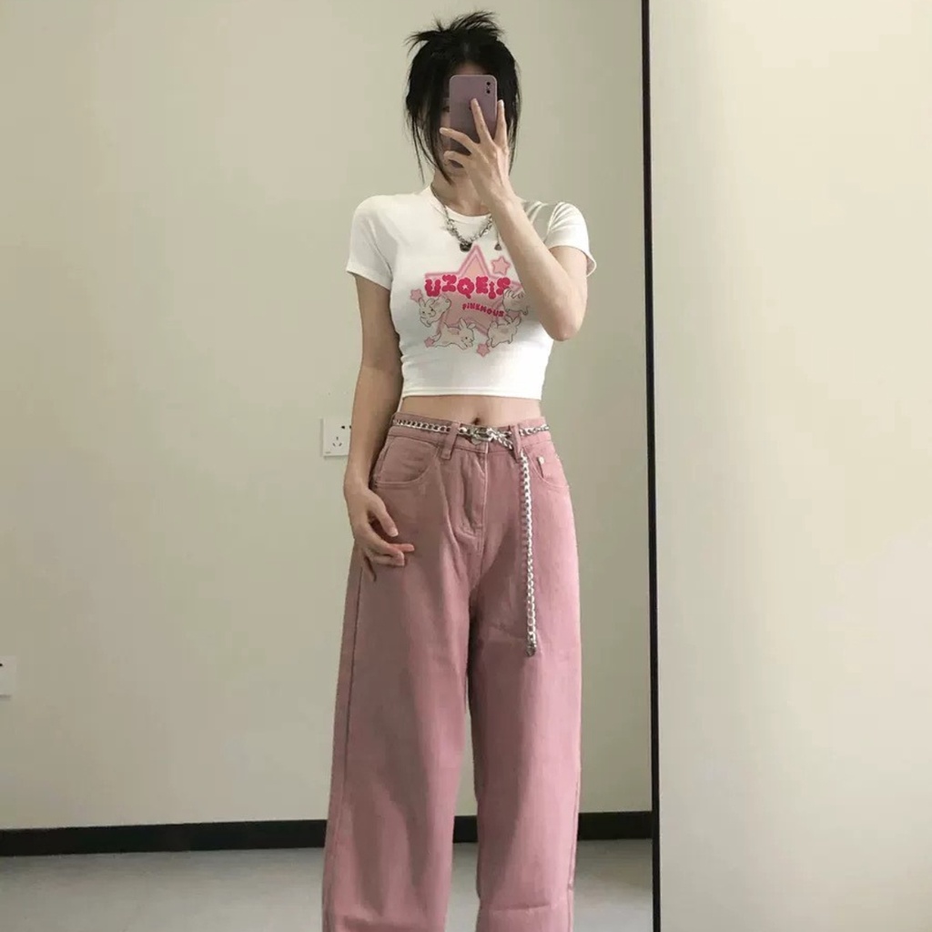 [Mã FATREND2810 giảm đến 30k tối đa 99k] Áo croptop tay ngắn PINKSTORE29 in hình ngôi sao xinh xắn UZQEIS A5721