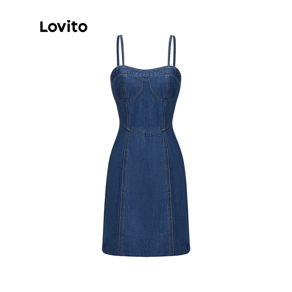 Đầm denim Lovito không tay màu trơn có dây kéo giặt thô phong cách thường ngày dành cho nữ L52AD131 (xanh dương)
