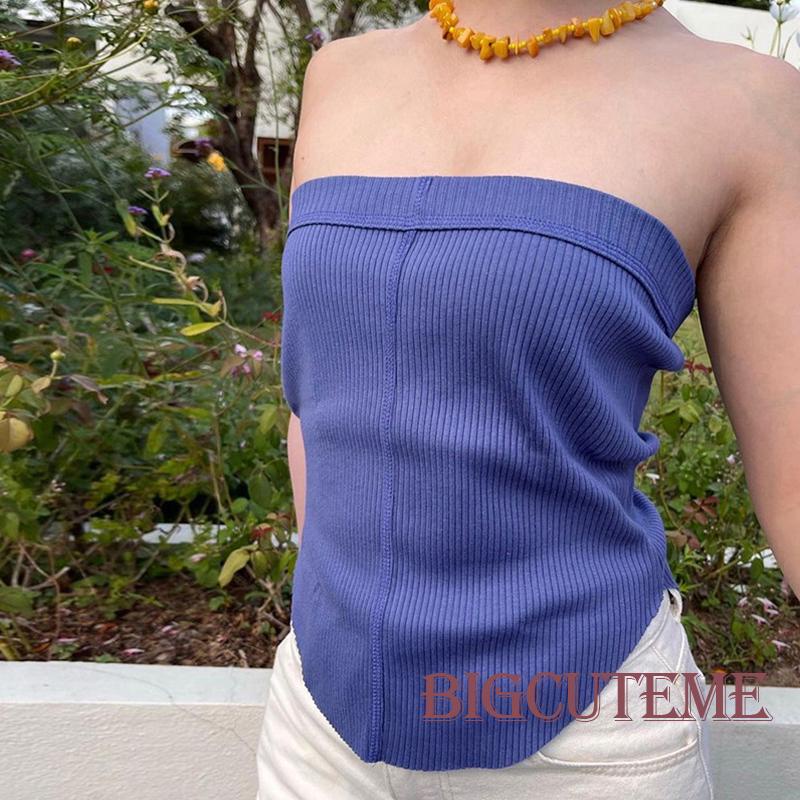 [] Áo Ống Cổ Thuyền Màu Trơn Hở Lưng Không Dây Lệch Tà Thời Trang Mùa Hè Cho Nữ