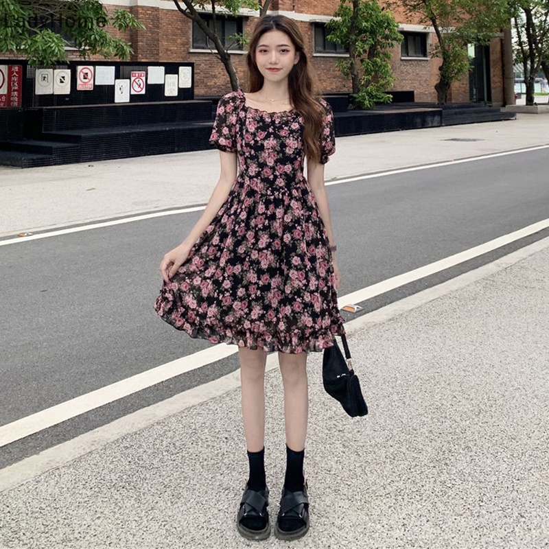 Đầm Hoa Tay Ngắn Cổ Vuông Thời Trang Mùa Hè Xinh Xắn Cho Nữ