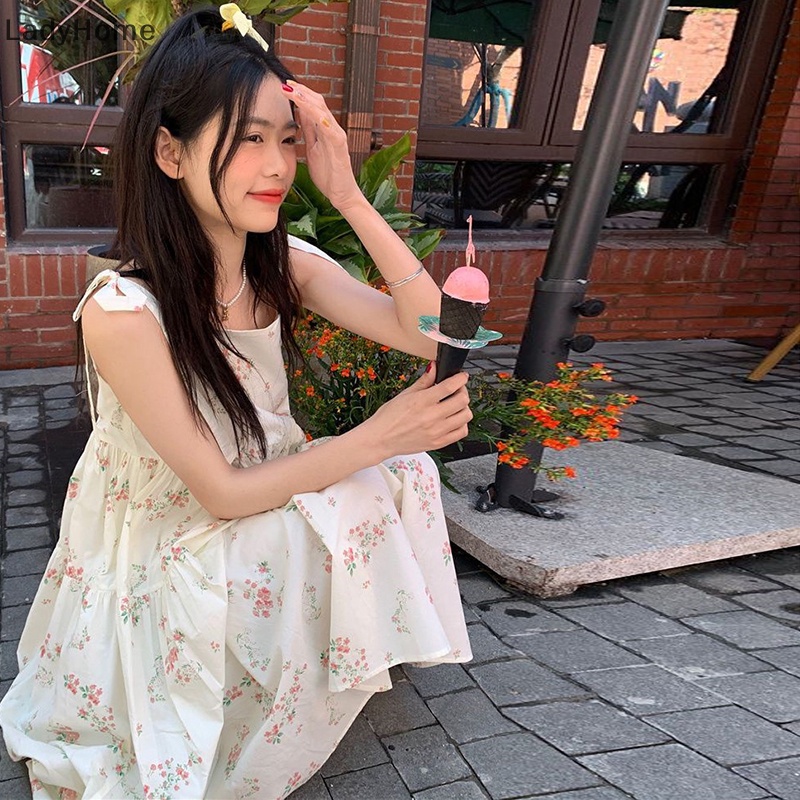 Đầm Midi Sát Nách Dáng Rộng In Hoa Kiểu Vintage Thời Trang Mùa Hè Ngọt Ngào Cho Nữ
