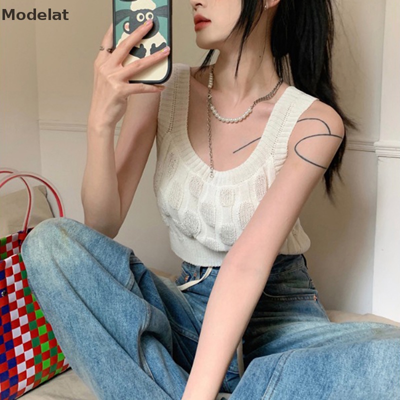 Áo Dệt Kim Sát Nách Màu Sắc Vintage Thời Trang Mùa Hè Cho Nữ