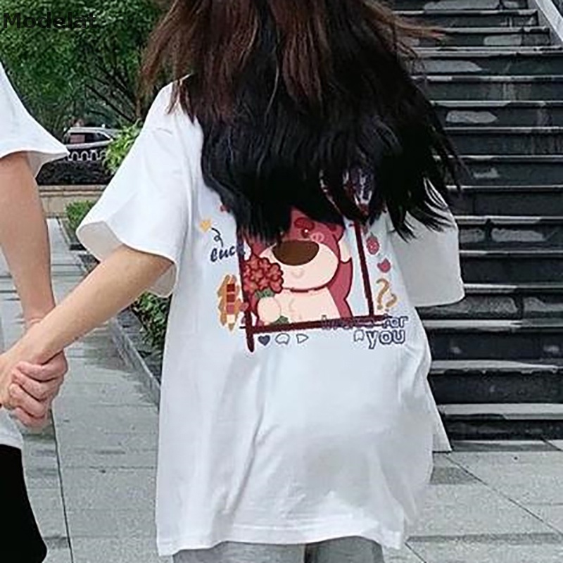 Áo Thun Tay Ngắn Cổ Tròn Dáng Rộng In Họa Tiết Gấu Hoạt Hình Thời Trang Mùa Hè Cho Nữ