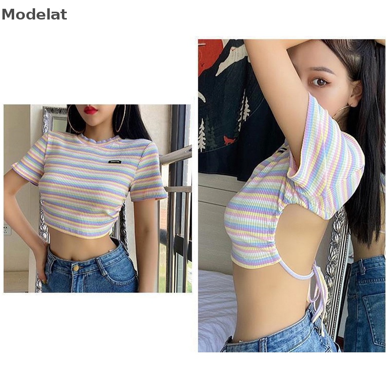 Áo Thun Crop Top Tay Ngắn Cổ Tròn Họa Tiết Kẻ Sọc Hở Lưng Thời Trang Mùa Hè Quyến Rũ Cho Nữ