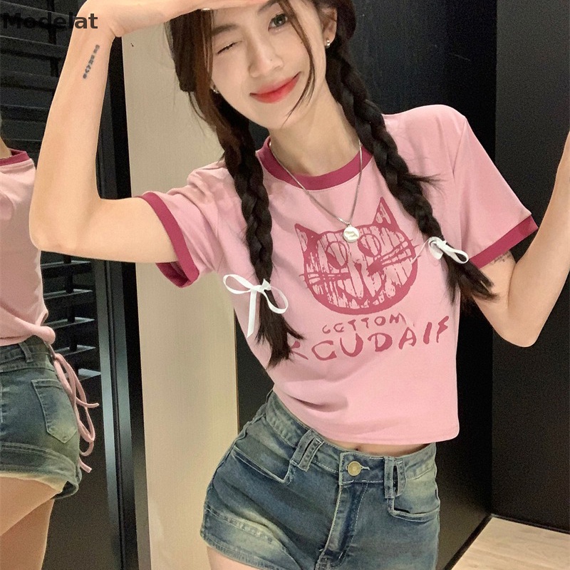 Áo Thun Crop Top Tay Ngắn Cổ Tròn In Chữ Phối Màu Tương Phản Thời Trang Mùa Hè Cho Nữ