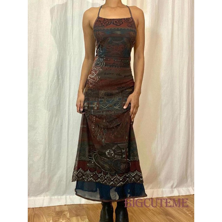 Đầm Dài Không Tay Hở Lưng Dáng Ôm In Họa Tiết Vintage Thời Trang Mùa Hè Dành Cho Nữ