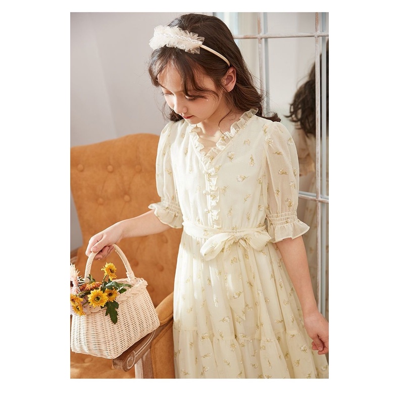 Đầm Chiffon Dáng Dài Tay Ngắn Thời Trang Mùa Hè Xinh Xắn Cho Bé Gái