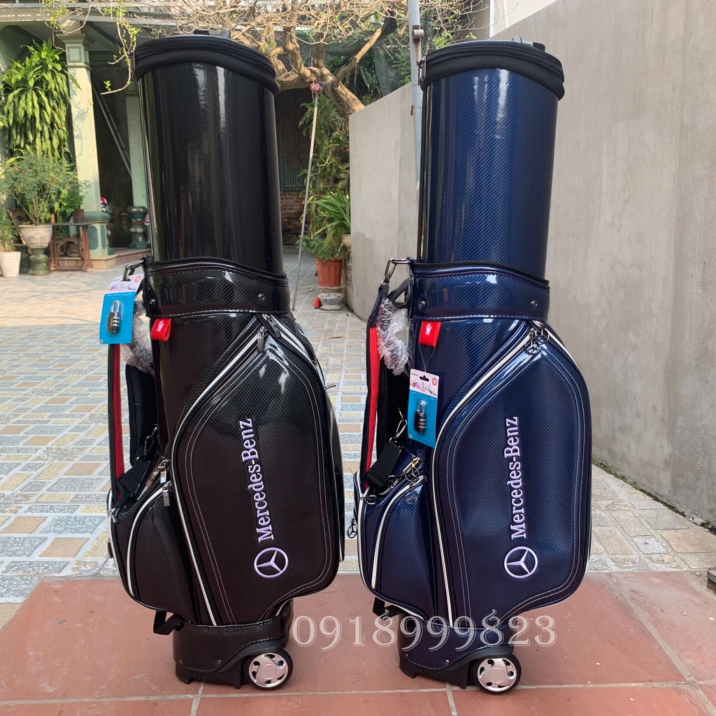 Túi đựng gậy chơi golf Mercedes chất liệu da bóng chống nước chống xước có bánh xe, cover cứng đi máy bay