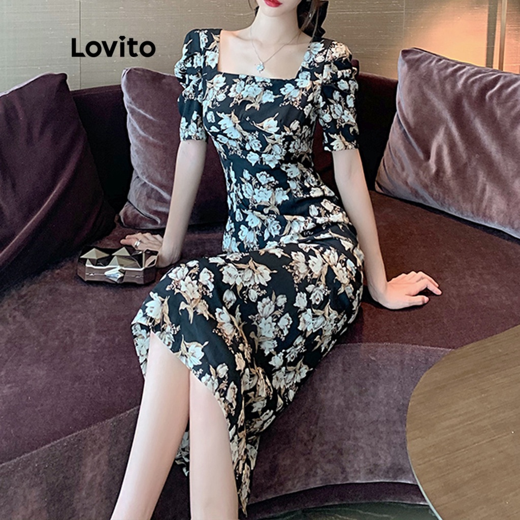Đầm midi Lovito họa tiết hoa cổ vuông tay phồng phong cách thường ngày cho nữ LNE11182 (màu đen trắng)